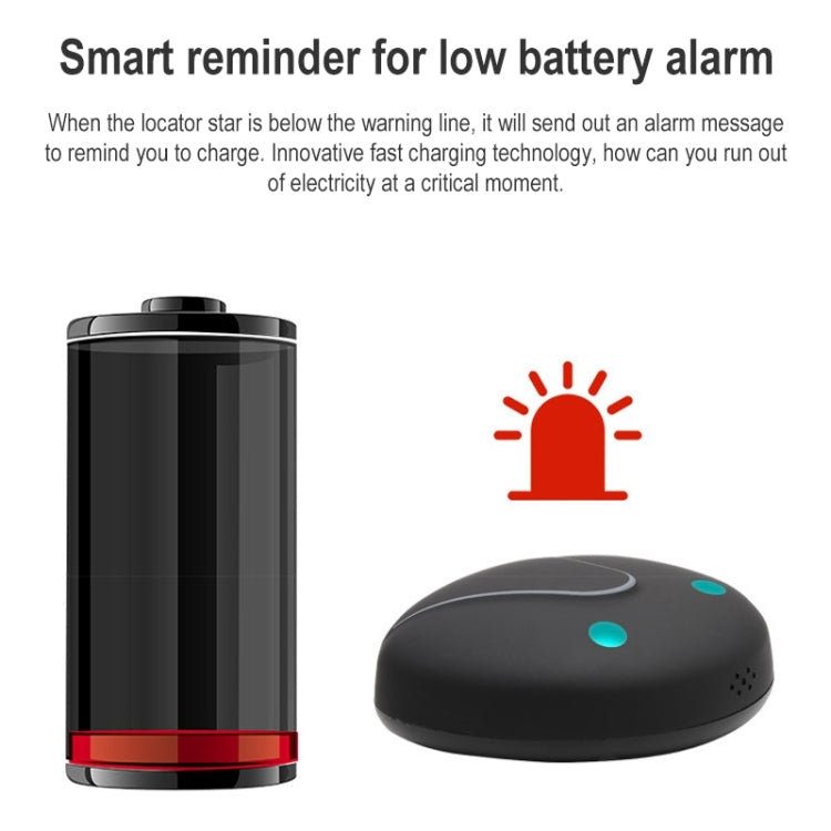 Black GPS pet locator with low-battery alarm icon and battery