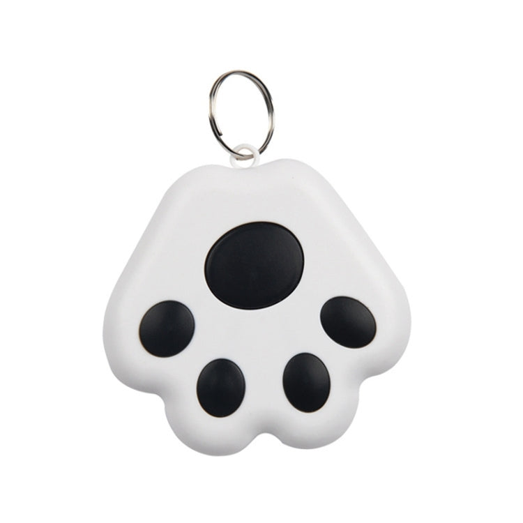 White paw-shaped pet GPS tracker keychain with black circular paw pads and metal ring