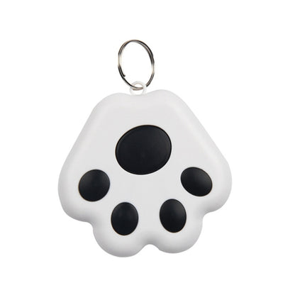 White paw-shaped pet GPS tracker keychain with black circular paw pads and metal ring
