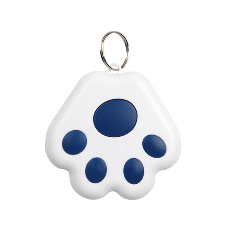 White paw-shaped pet GPS tracker keychain with blue circular paw pads and metal ring