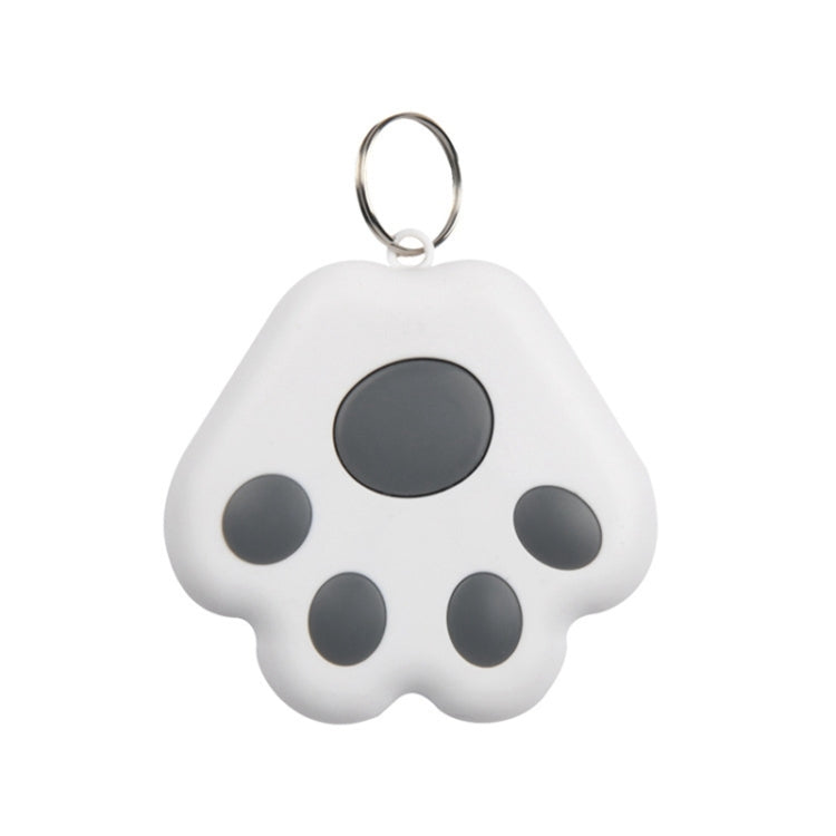 White paw-shaped pet GPS tracker keychain with dark gray circular paw pads and metal ring