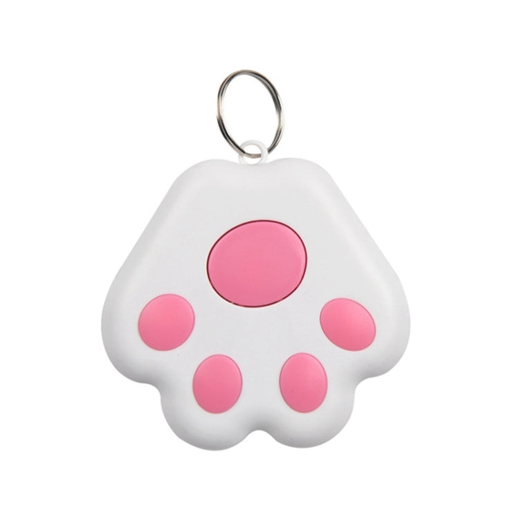 White paw-shaped pet GPS tracker keychain with pink circular paw pads and metal ring