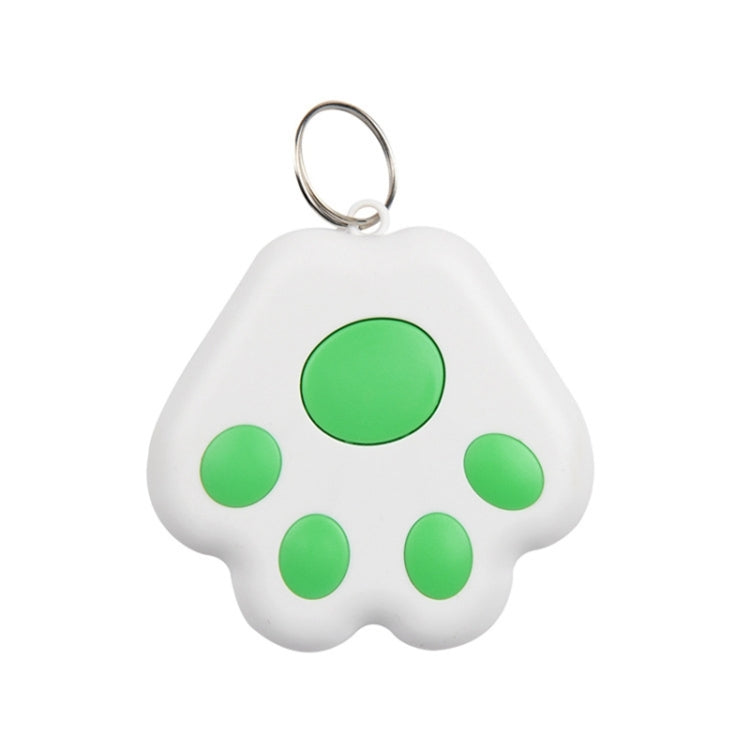 White paw-shaped pet GPS tracker keychain with green circular paw pads and metal ring