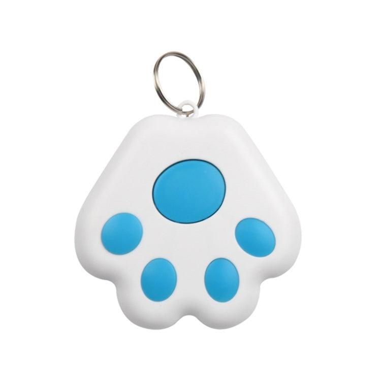 White paw-shaped pet GPS tracker keychain with light blue circular paw pads and metal ring