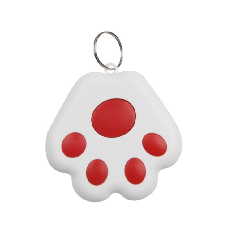 White paw-shaped pet GPS tracker keychain with red circular paw pads and metal ring