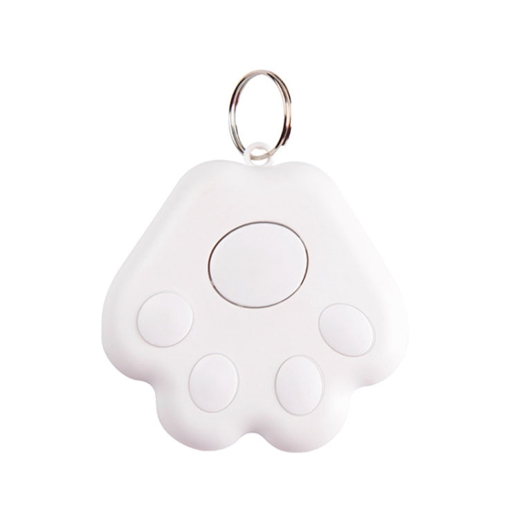 White paw-shaped pet GPS tracker keychain with outlined circles and metal ring