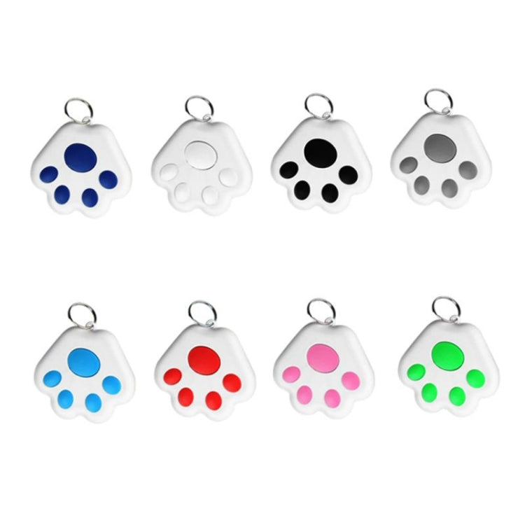 Assorted paw-shaped pet GPS tracker keychains with colored paw-pad designs and metal rings