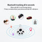 White paw-shaped pet GPS tracker keychain with black paw pads, shown with signal waves