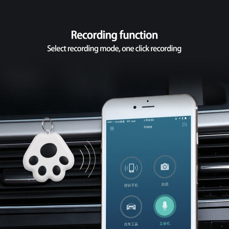 White paw-shaped mini Bluetooth GPS pet locator, hanging from a keyring