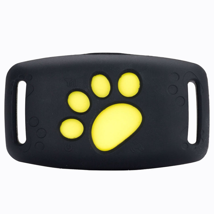 Black pet GPS tracker strap with yellow paw print