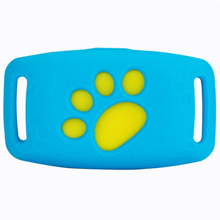 Blue pet GPS tracker strap with yellow paw print