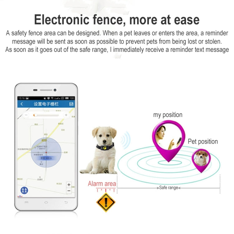 Pet GPS tracker safety diagram with phone app and a dog wearing the device