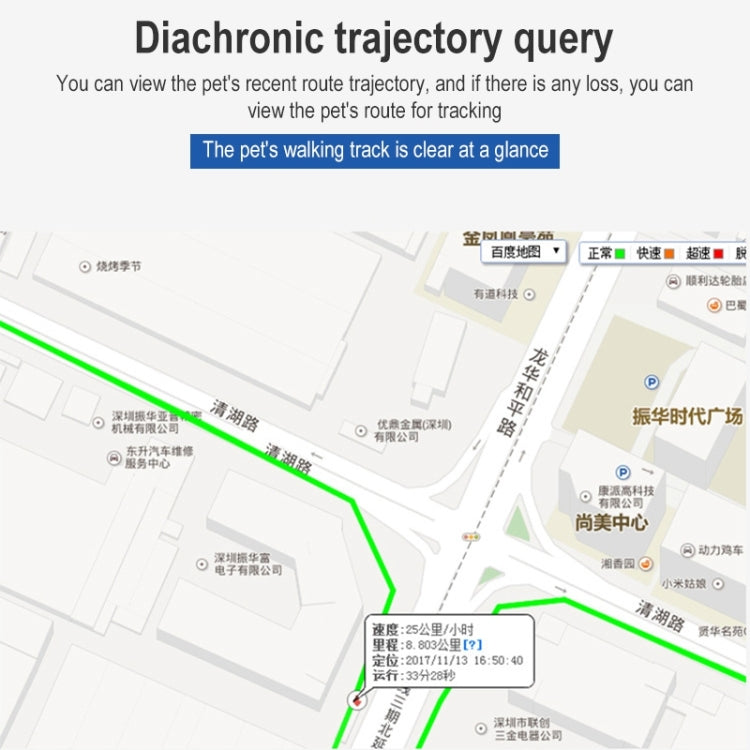 Pet GPS tracker route map with a highlighted walking path on screen