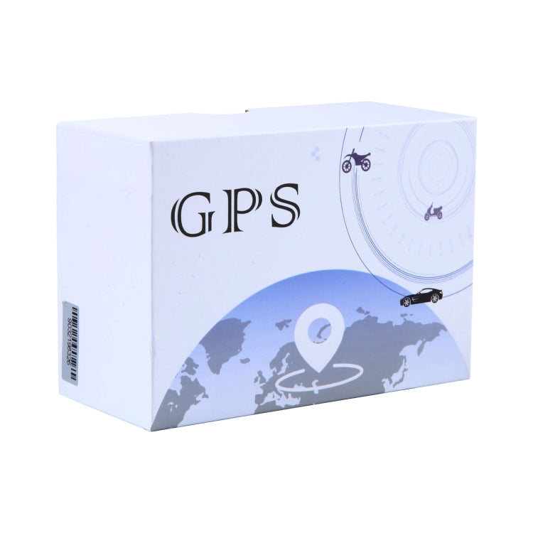 GPS tracker retail box packaging in white with blue world map design