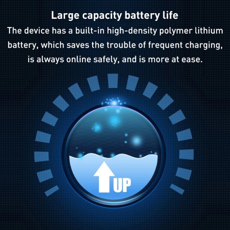 GPS tracker battery life graphic with blue charging icon and “UP” arrow