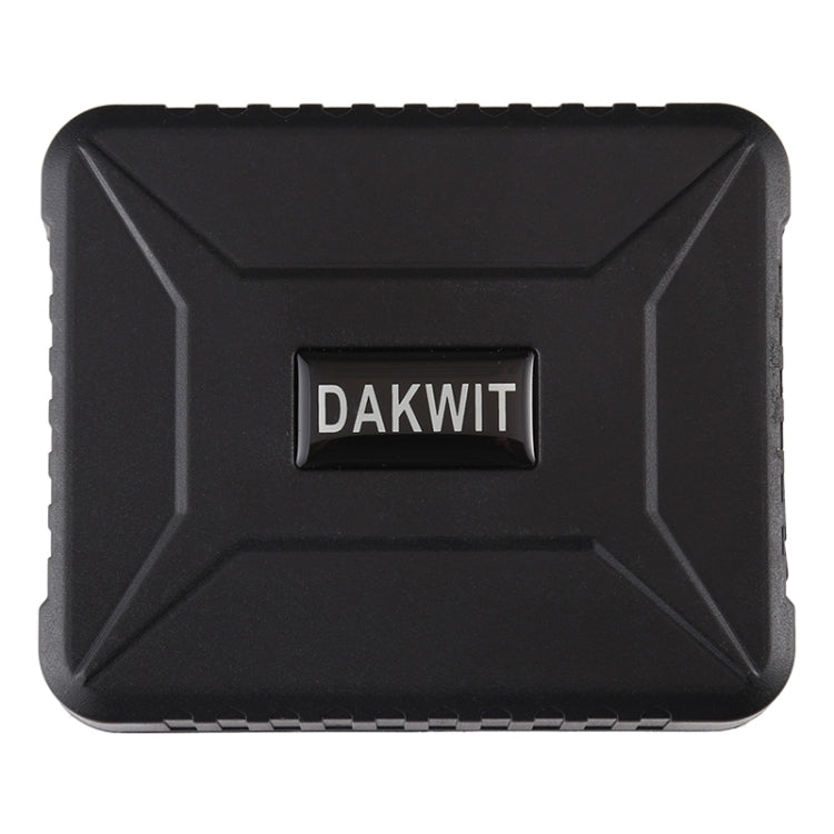 Black GPS vehicle tracker top view with DAKWIT logo