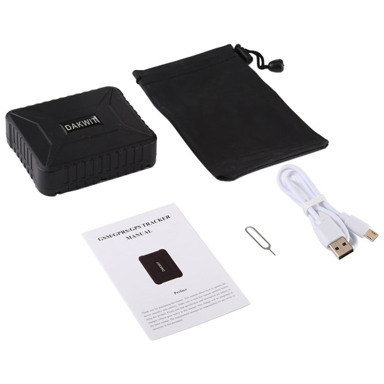 Black GPS vehicle tracker kit with pouch, cable, and instruction sheet