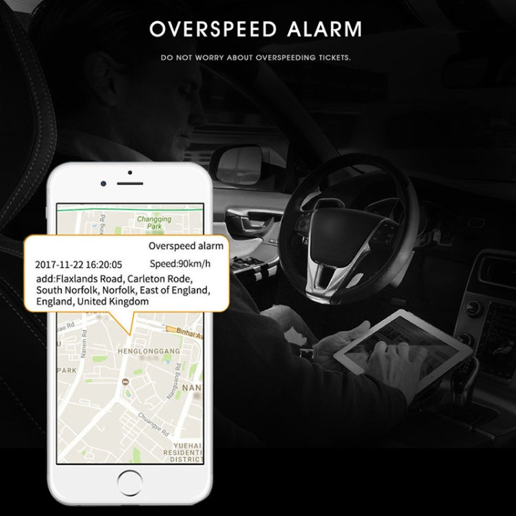 Smartphone showing GPS overspeed alert over a vehicle dashboard view