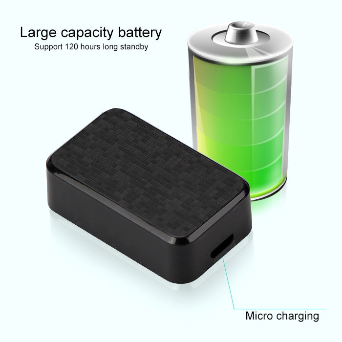 Black GPS tracker with textured face and micro charging port