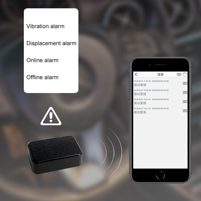 Black GPS tracker with smartphone app showing alarm notifications