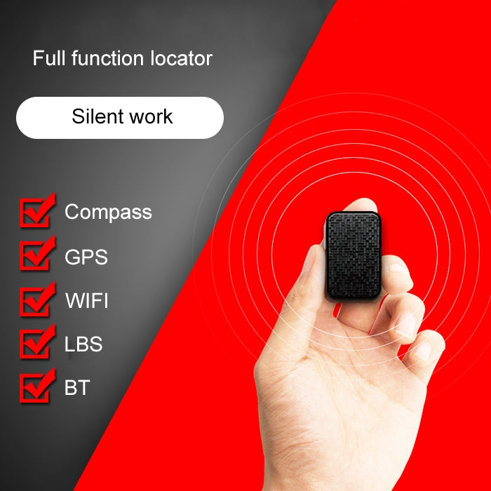 Hand holding black GPS WiFi LBS tracker with signal indicator