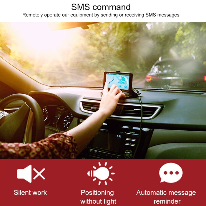 GPS tracker control features shown with SMS command and status icons