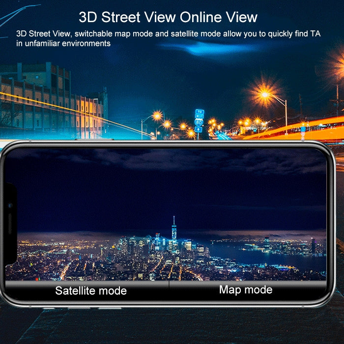 Smartphone screen displaying 3D street view and satellite map modes