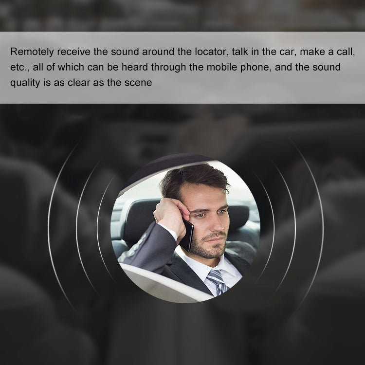 Vehicle GPS mini tracker with call sound control, shown as a circular locator overlay
