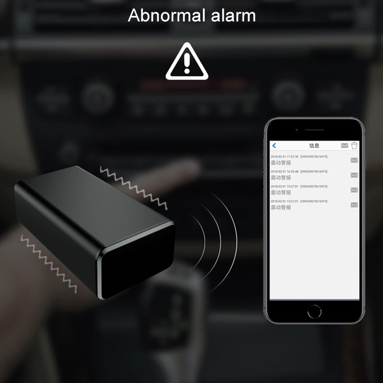 Black GPS mini tracker with alert icon and smartphone notification