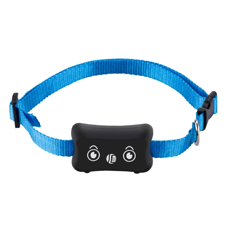 Blue nylon pet collar with black GPS tracker module attached