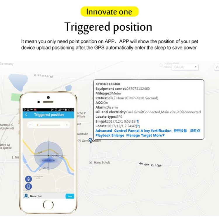 Pet GPS tracker app: triggered position on map with details popup.