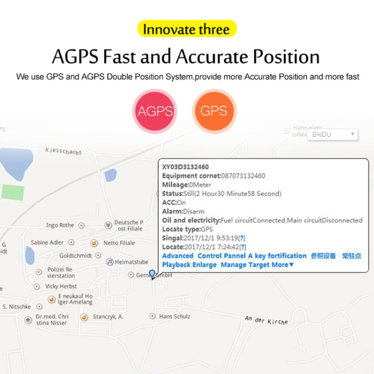 Pet GPS tracker app with AGPS/GPS accuracy map and status detail panel.