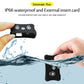 Waterproof pet GPS tracker held near water splash; external insert card shown.