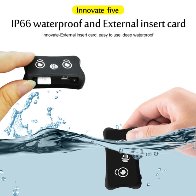 Waterproof pet GPS tracker held near water splash; external insert card shown.