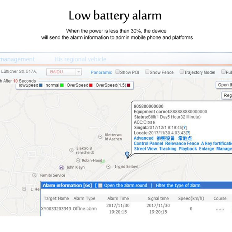 Pet GPS tracker app screen showing low battery alarm and device status table.