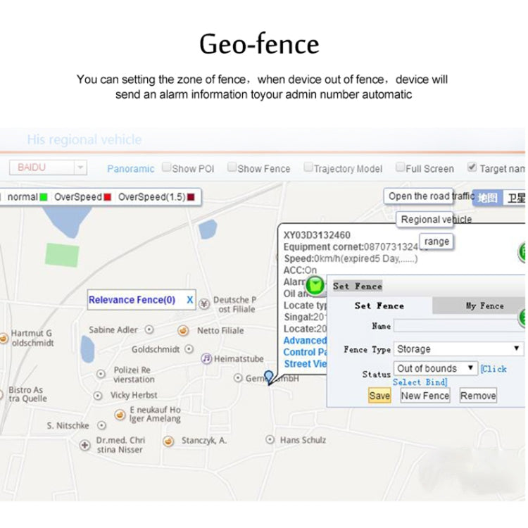 Pet GPS tracker app screen with geo-fence settings and out-of-bounds options.