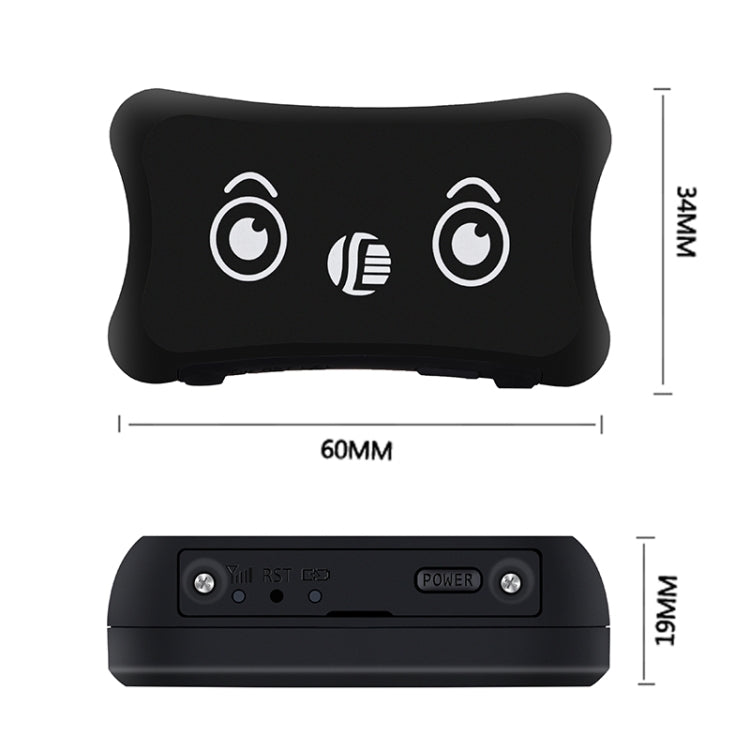 Black GPS tracker module with white signal icons, front view