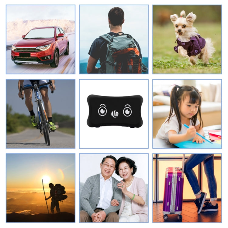 Black GPS tracker module with signal icons shown among lifestyle scenarios