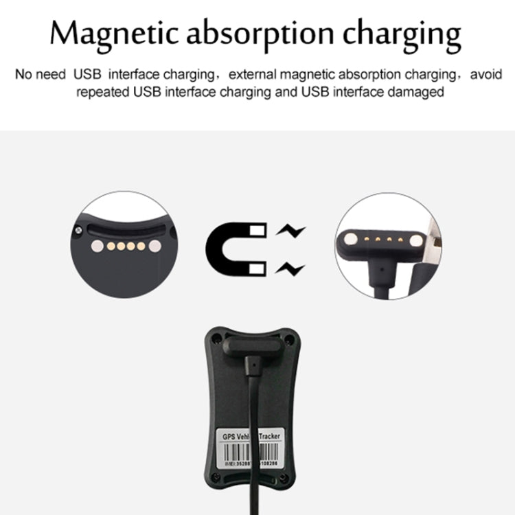 Black GPS tracker with magnetic charging contacts in a charging diagram