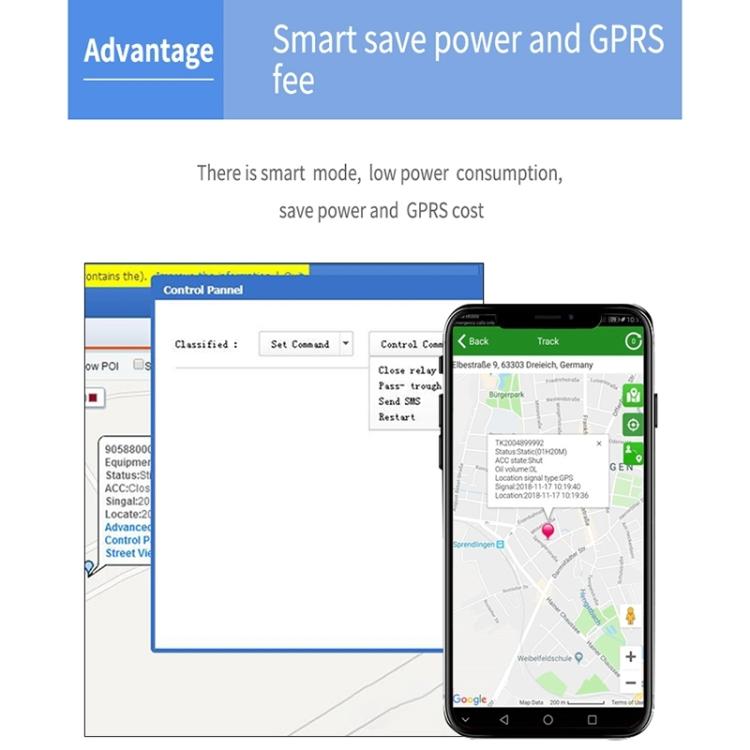 4G GPS tracking app on smartphone showing live map and device status