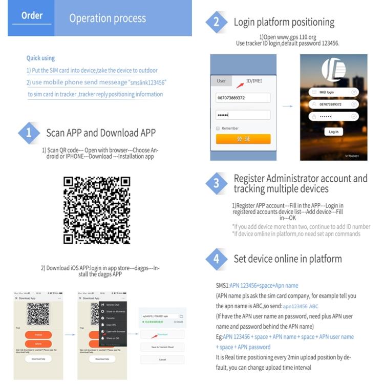 QR code and step-by-step app login guide for GPS vehicle tracking