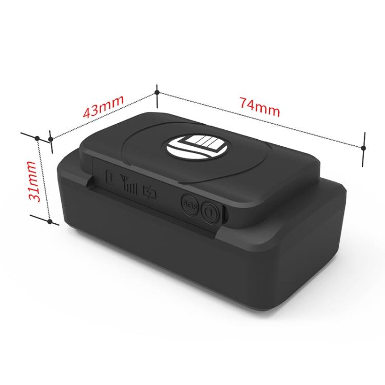 Black 4G GPS vehicle tracker with size dimensions shown in millimeters