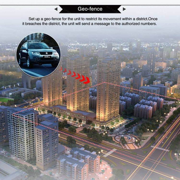 Vehicle GPS tracker geofencing map with restricted movement boundary over city streets