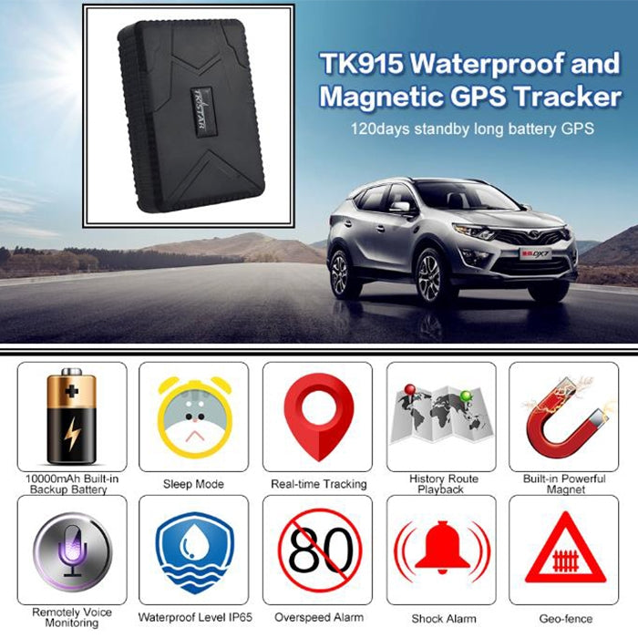 Black waterproof magnetic GPS tracker device with LED and charging ports