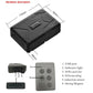 Black GPS tracker housing showing USB port, SIM slot, sensors, and size dimensions