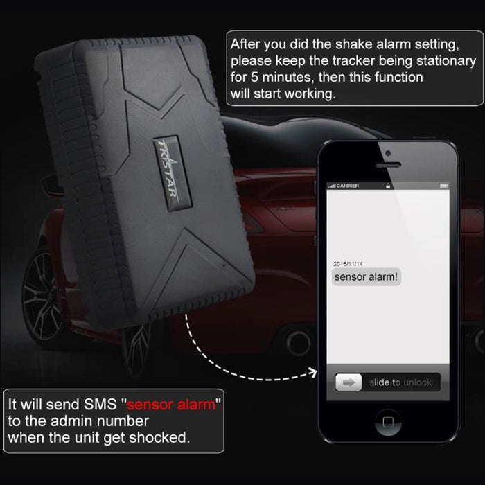 Black GPS tracker device with rugged case and TKSTAR logo badge, beside smartphone