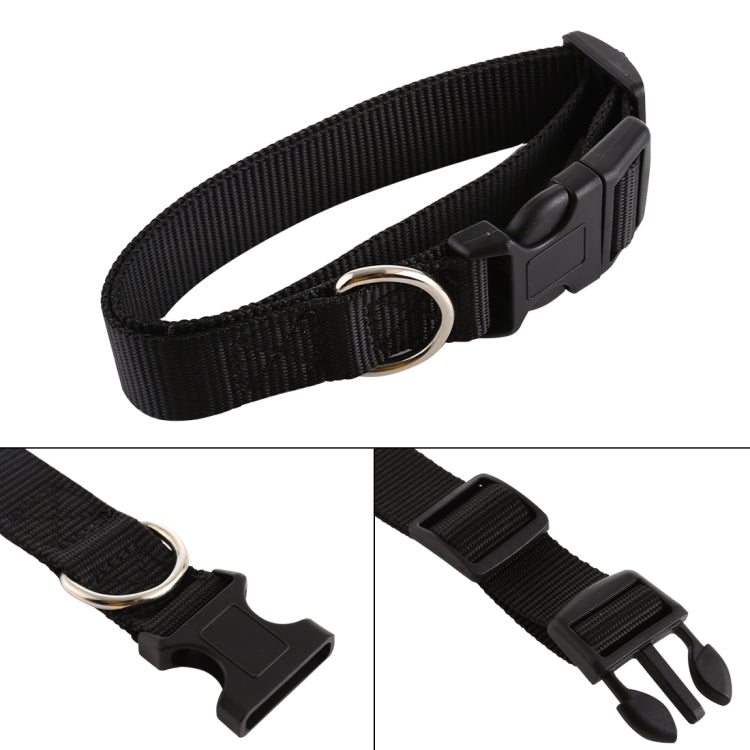 Black nylon pet collar with metal D-ring and adjustable buckle