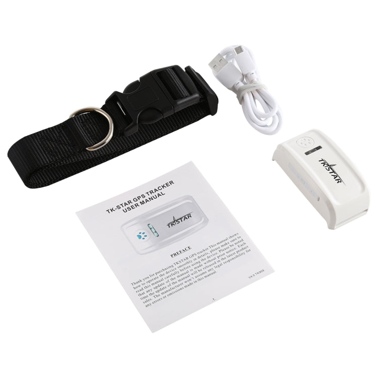 Pet locator set with black collar, white tracker, cable, and user manual