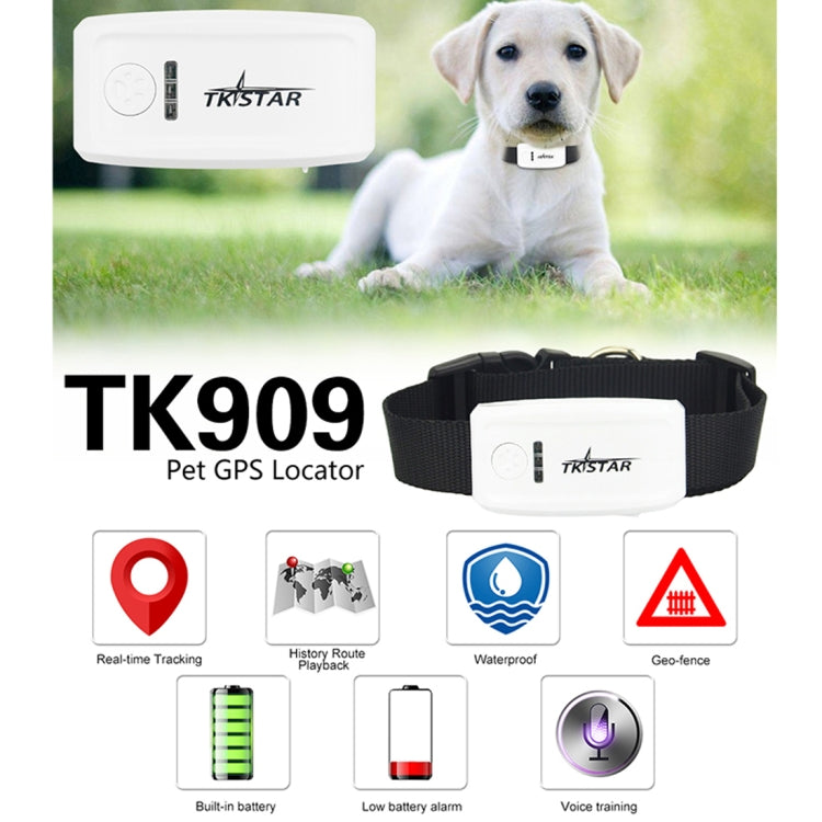 TK909 pet GPS locator collar with white tracker and feature icons