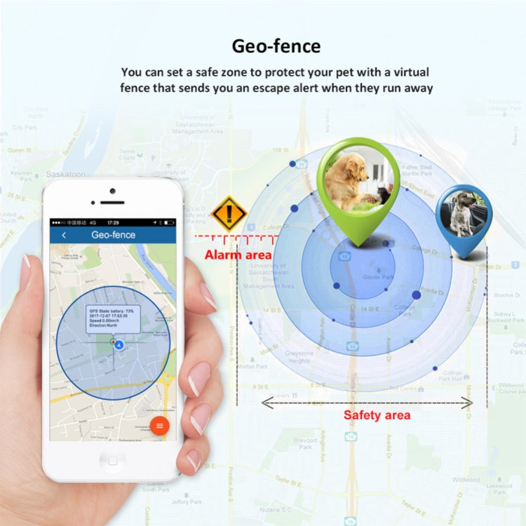 Geo-fence safety zone graphic with map and app screen examples